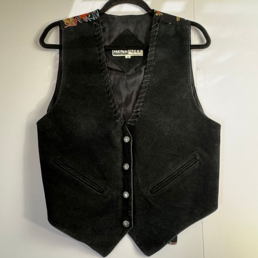 Mona Mode Vintage Black Suede Western Vest Cowboy Print Back Whipstitch Medium